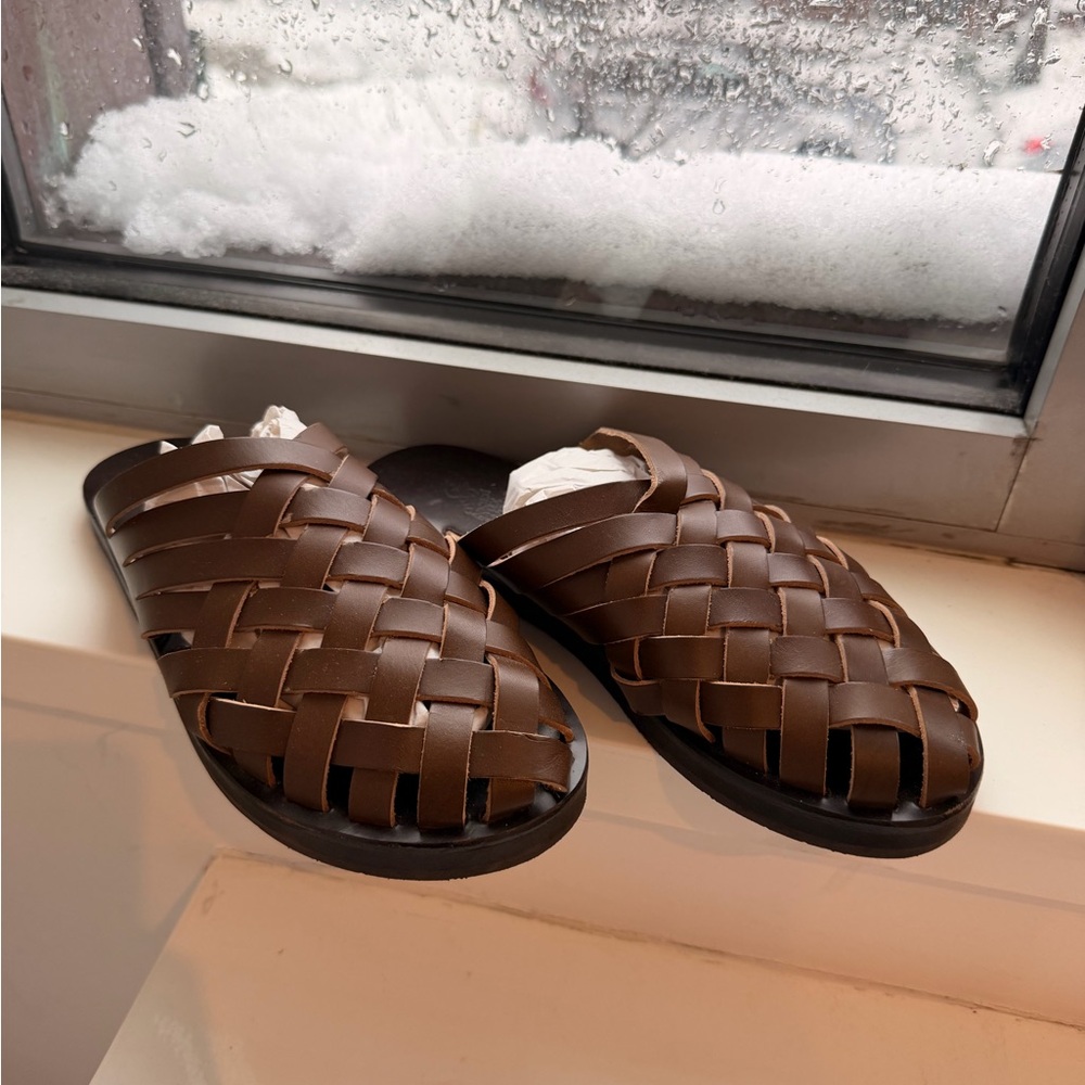 Ancient Greek Sandals Brown Woven Mules